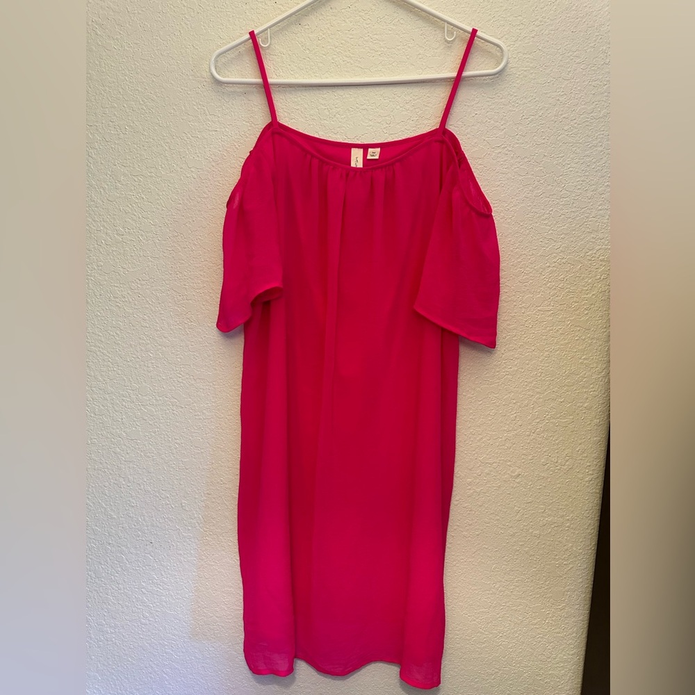 Fuchsia Off the Shoulder Dress with Spaghetti Strap and Sheer Layer
